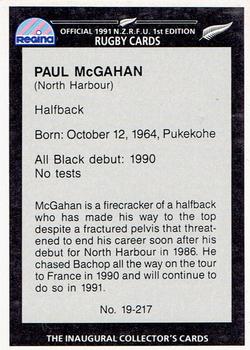 1991 Regina NZRFU 1st Edition #19 Paul McGahan Back